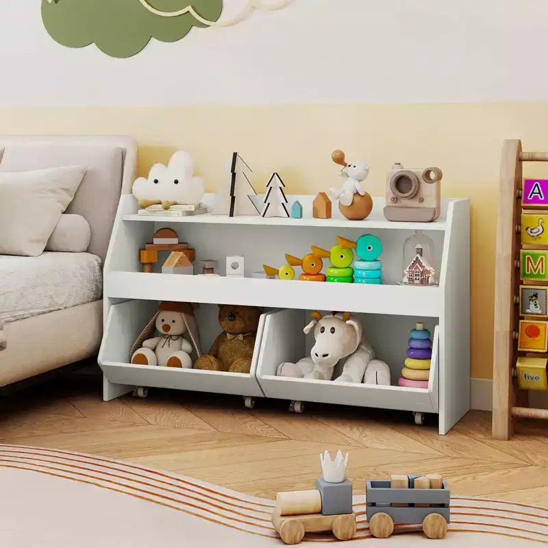 Costway Organizer Giocattoli per Bambini con 2 Cassetti Rimovibili e Vano a Giorno per Bambini Grigio/Bianco