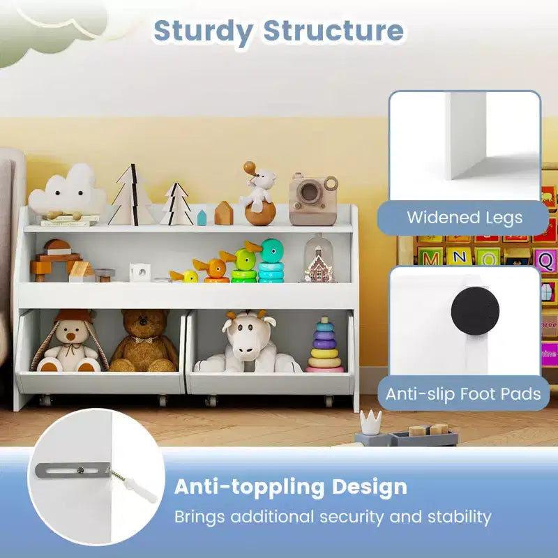 Costway Organizer Giocattoli per Bambini con 2 Cassetti Rimovibili e Vano a Giorno per Bambini Grigio/Bianco