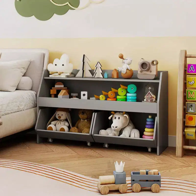 Costway Organizer Giocattoli per Bambini con 2 Cassetti Rimovibili e Vano a Giorno per Bambini Grigio/Bianco