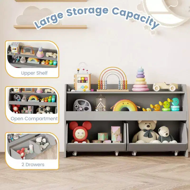 Costway Organizer Giocattoli per Bambini con 2 Cassetti Rimovibili e Vano a Giorno per Bambini Grigio/Bianco