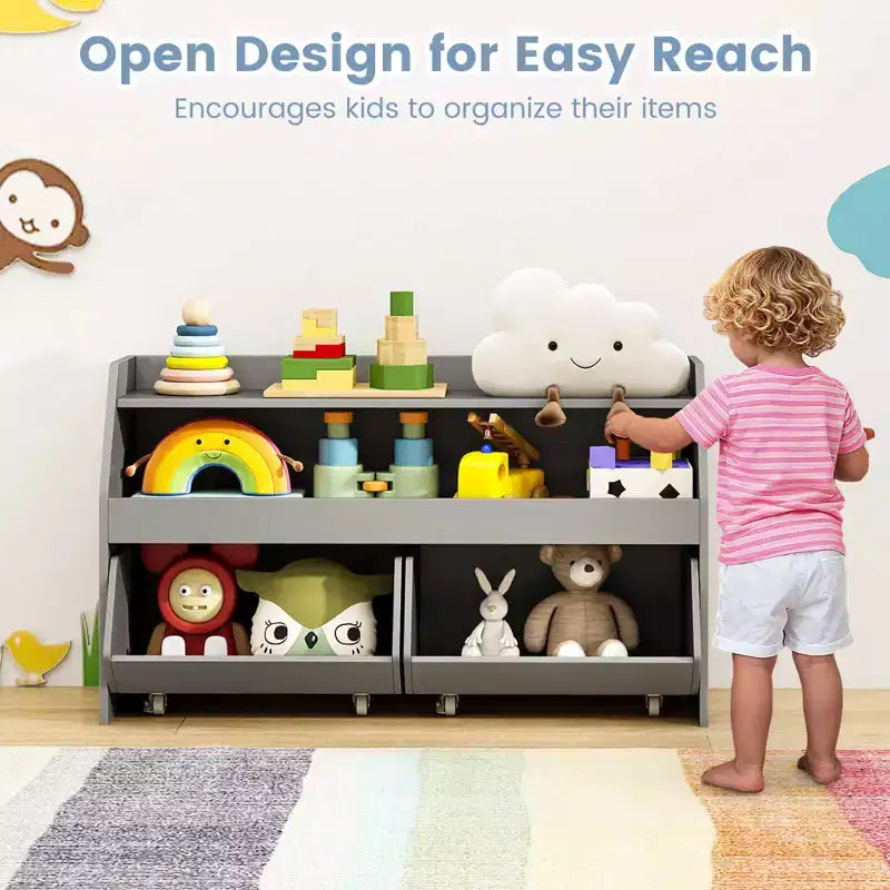 Costway Organizer Giocattoli per Bambini con 2 Cassetti Rimovibili e Vano a Giorno per Bambini Grigio/Bianco
