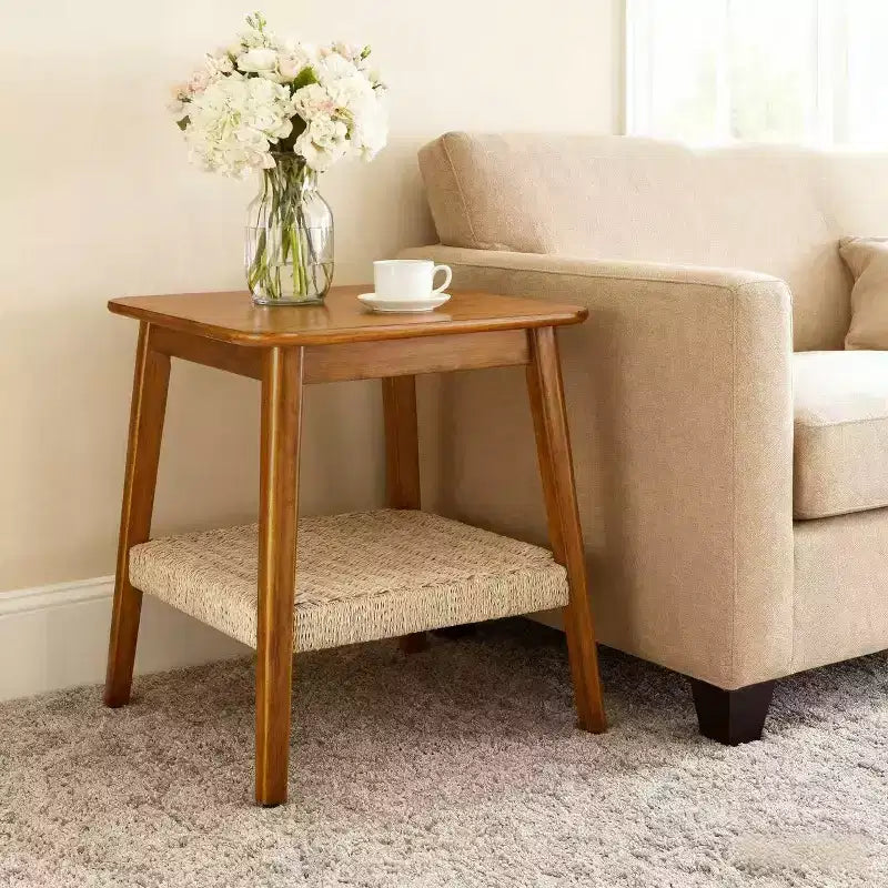 Homy Casa Mid-Century Wooden End Table with Woven Shelf, Walnut Finish