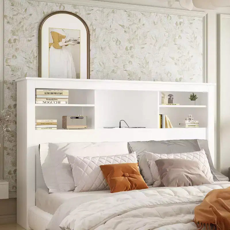 Testiera Famapy Bianca per Letti Matrimoniali/Queen, Luci LED Controllabili tramite App, Ripiani Regolabili, Soluzione Intelligente per la Camera da Letto