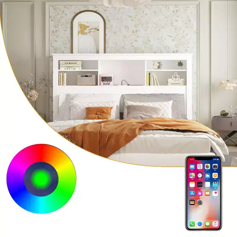 Testiera Famapy Bianca per Letti Matrimoniali/Queen, Luci LED Controllabili tramite App, Ripiani Regolabili, Soluzione Intelligente per la Camera da Letto