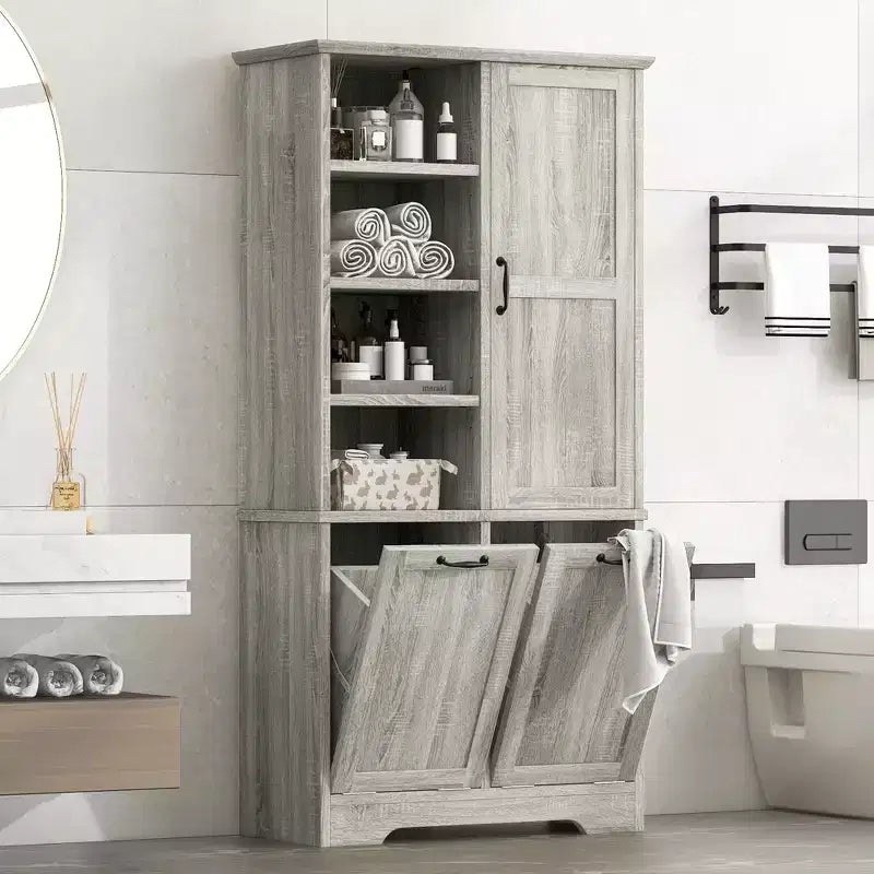 Mobiletto da bagno con ante e cassetti, cesto portabiancheria a ribalta, diversi vani portaoggetti, stile autoportante