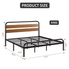 Struttura Letto King Size con Piattaforma, Struttura Letto King Size Stile Industriale con Testiera in Legno, Struttura Letto in Metallo Resistente con Supporti a Doghe Metalliche