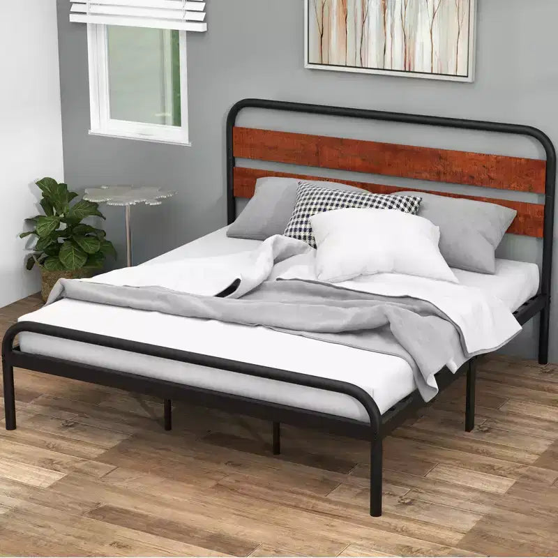 Struttura Letto King Size con Piattaforma, Struttura Letto King Size Stile Industriale con Testiera in Legno, Struttura Letto in Metallo Resistente con Supporti a Doghe Metalliche