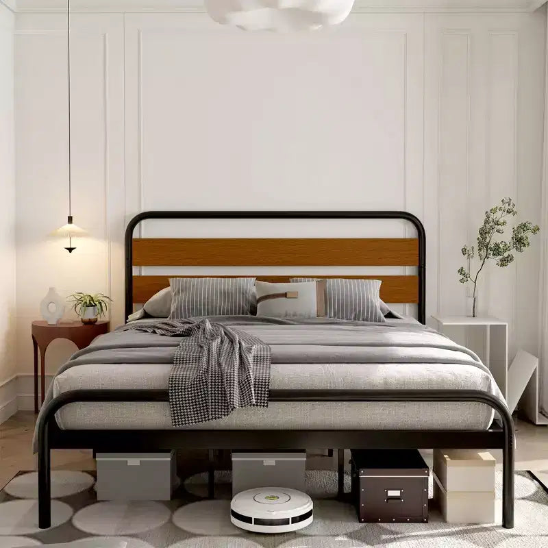 Struttura Letto King Size con Piattaforma, Struttura Letto King Size Stile Industriale con Testiera in Legno, Struttura Letto in Metallo Resistente con Supporti a Doghe Metalliche
