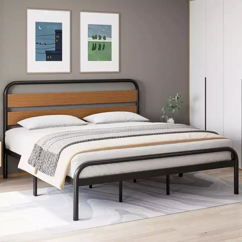 Struttura Letto King Size con Piattaforma, Struttura Letto King Size Stile Industriale con Testiera in Legno, Struttura Letto in Metallo Resistente con Supporti a Doghe Metalliche
