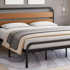 Struttura Letto King Size con Piattaforma, Struttura Letto King Size Stile Industriale con Testiera in Legno, Struttura Letto in Metallo Resistente con Supporti a Doghe Metalliche