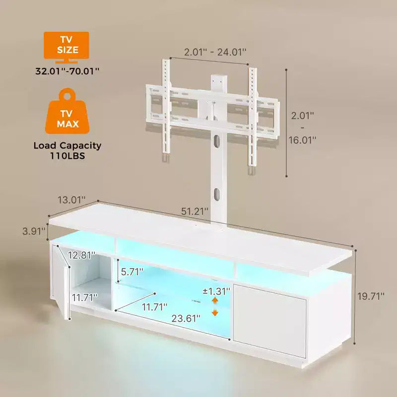 Greenstell Mobile TV Moderno da 51/59 Pollici, Centro Intrattenimento per Soggiorno con Luci LED e Stazione di Ricarica, Girevole e Regolabile in Altezza