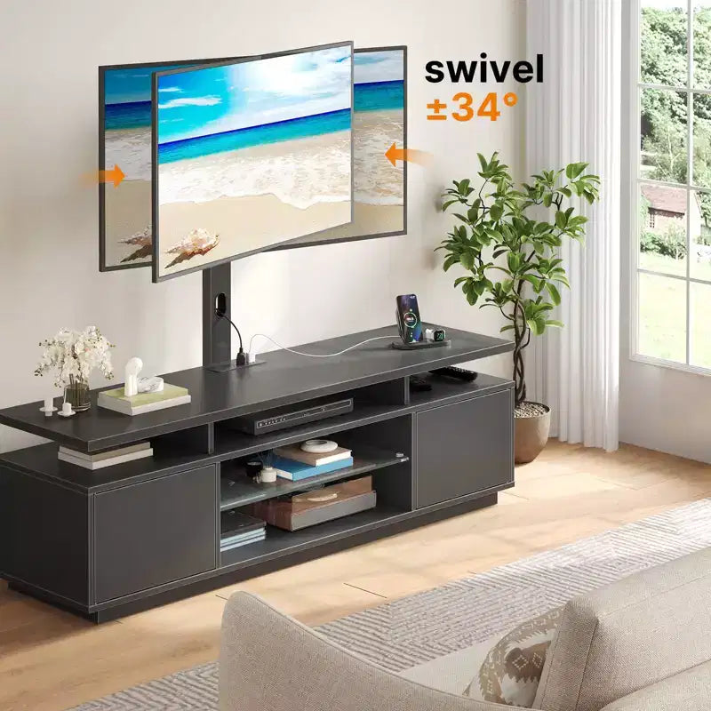 Greenstell Mobile TV Moderno da 51/59 Pollici, Centro Intrattenimento per Soggiorno con Luci LED e Stazione di Ricarica, Girevole e Regolabile in Altezza