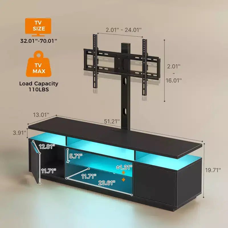Greenstell Mobile TV Moderno da 51/59 Pollici, Centro Intrattenimento per Soggiorno con Luci LED e Stazione di Ricarica, Girevole e Regolabile in Altezza