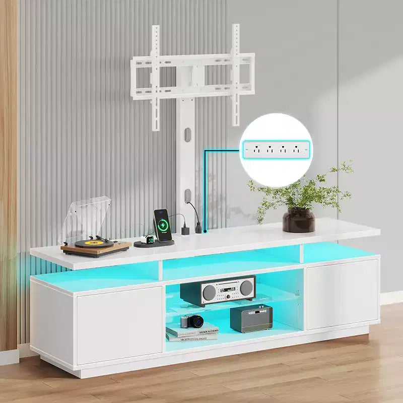 Greenstell Mobile TV Moderno da 51/59 Pollici, Centro Intrattenimento per Soggiorno con Luci LED e Stazione di Ricarica, Girevole e Regolabile in Altezza