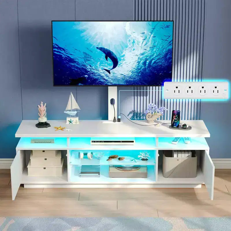Greenstell Mobile TV Moderno da 51/59 Pollici, Centro Intrattenimento per Soggiorno con Luci LED e Stazione di Ricarica, Girevole e Regolabile in Altezza