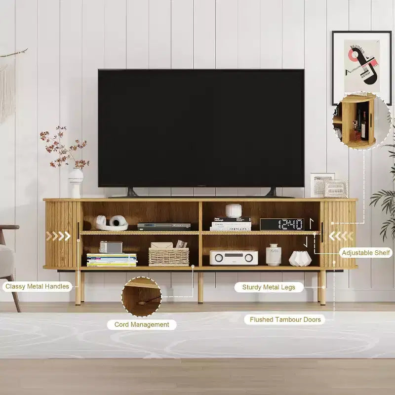 Mobili TV Moderni per Soggiorno con TV da 75 pollici, Porta TV con 2 Grandi Armadietti, Consolle Multimediale con Pannelli a Scanalature