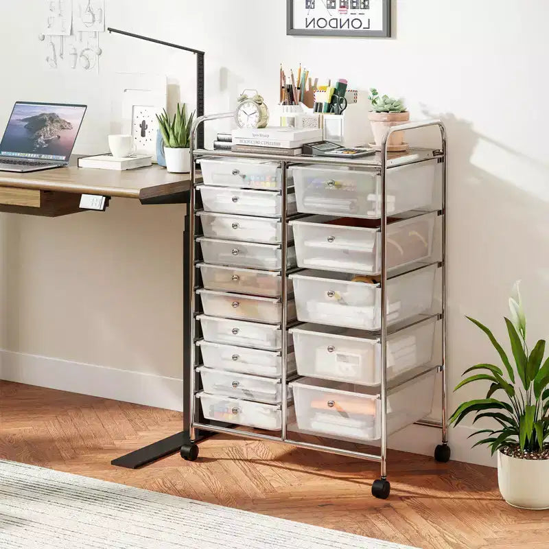 Carrello Costway a 15 cassetti con telaio in metallo cromato e ruote universali bloccabili Bianco/Nero/Trasparente/Multicolore