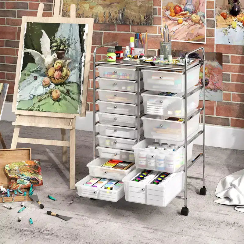 Carrello Costway a 15 cassetti con telaio in metallo cromato e ruote universali bloccabili Bianco/Nero/Trasparente/Multicolore