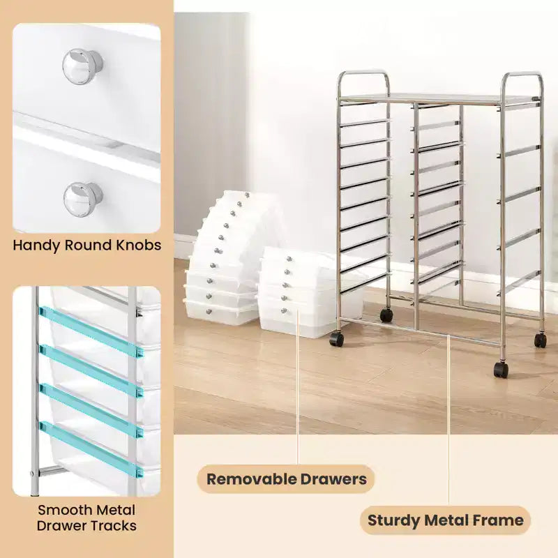 Carrello Costway a 15 cassetti con telaio in metallo cromato e ruote universali bloccabili Bianco/Nero/Trasparente/Multicolore