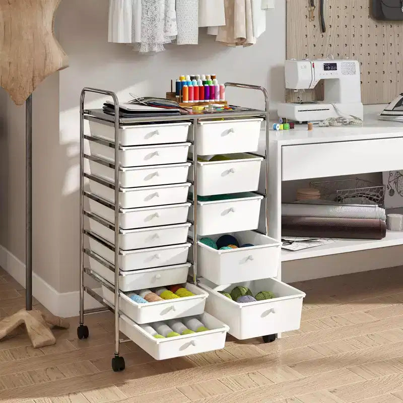 Carrello Costway a 15 cassetti con telaio in metallo cromato e ruote universali bloccabili Bianco/Nero/Trasparente/Multicolore