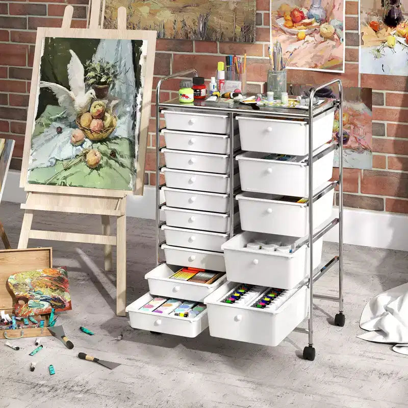 Carrello Costway a 15 cassetti con telaio in metallo cromato e ruote universali bloccabili Bianco/Nero/Trasparente/Multicolore