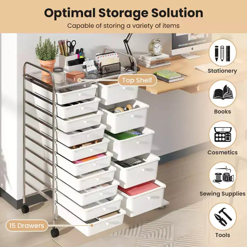 Carrello Costway a 15 cassetti con telaio in metallo cromato e ruote universali bloccabili Bianco/Nero/Trasparente/Multicolore