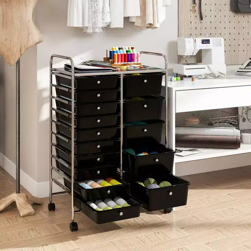 Carrello Costway a 15 cassetti con telaio in metallo cromato e ruote universali bloccabili Bianco/Nero/Trasparente/Multicolore