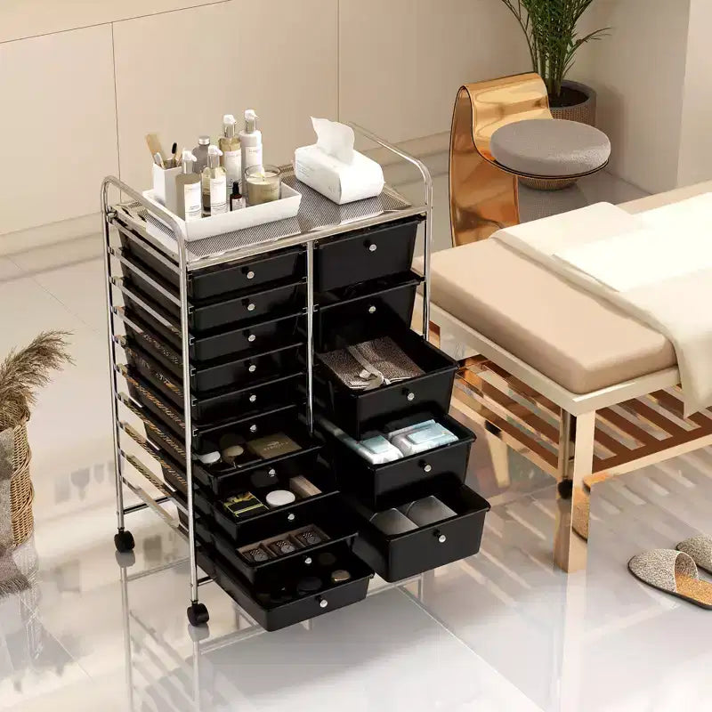 Carrello Costway a 15 cassetti con telaio in metallo cromato e ruote universali bloccabili Bianco/Nero/Trasparente/Multicolore