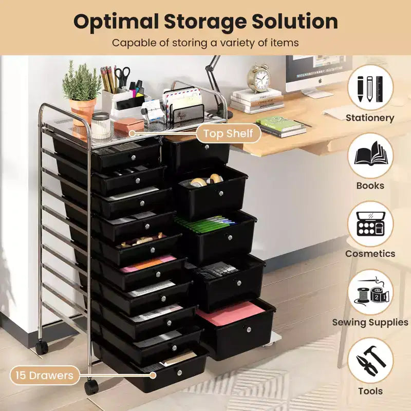 Carrello Costway a 15 cassetti con telaio in metallo cromato e ruote universali bloccabili Bianco/Nero/Trasparente/Multicolore