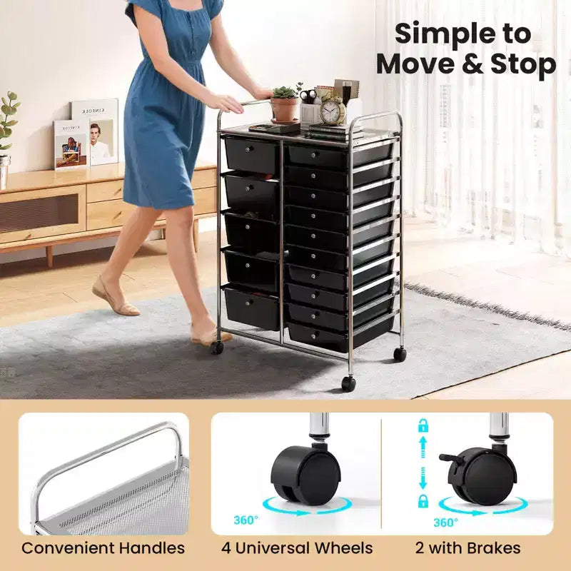 Carrello Costway a 15 cassetti con telaio in metallo cromato e ruote universali bloccabili Bianco/Nero/Trasparente/Multicolore