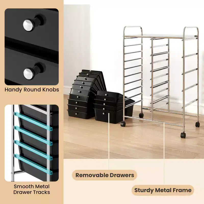 Carrello Costway a 15 cassetti con telaio in metallo cromato e ruote universali bloccabili Bianco/Nero/Trasparente/Multicolore