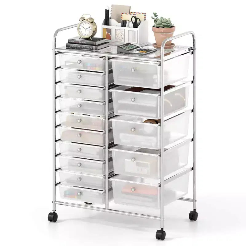 Carrello Costway a 15 cassetti con telaio in metallo cromato e ruote universali bloccabili Bianco/Nero/Trasparente/Multicolore