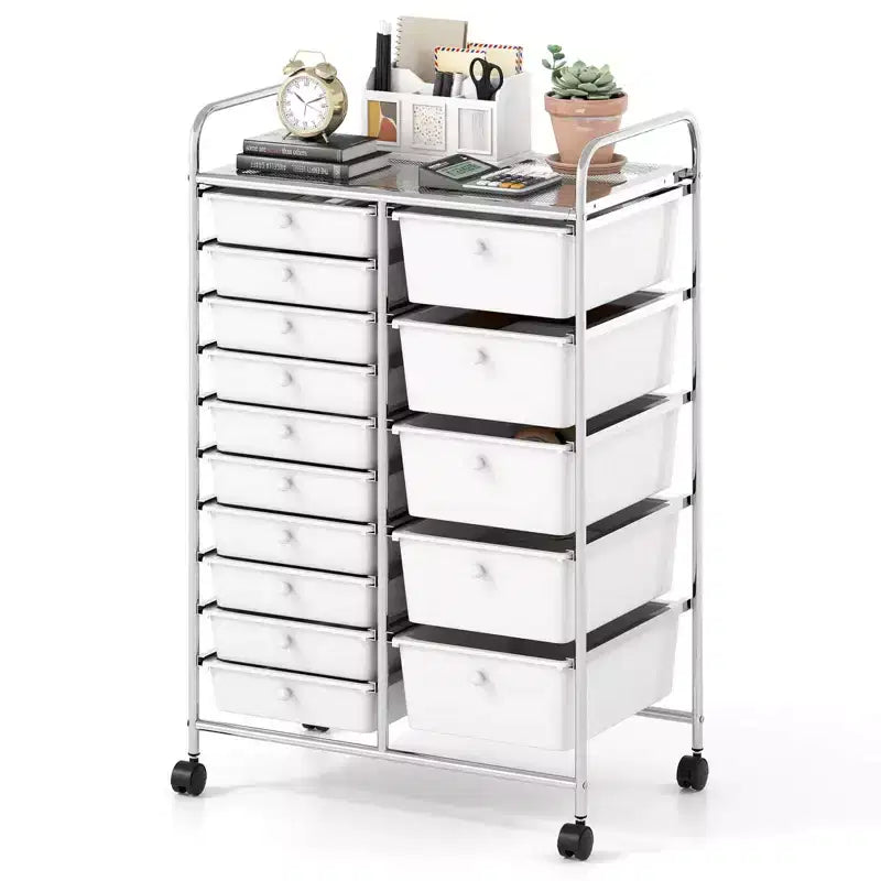 Carrello Costway a 15 cassetti con telaio in metallo cromato e ruote universali bloccabili Bianco/Nero/Trasparente/Multicolore