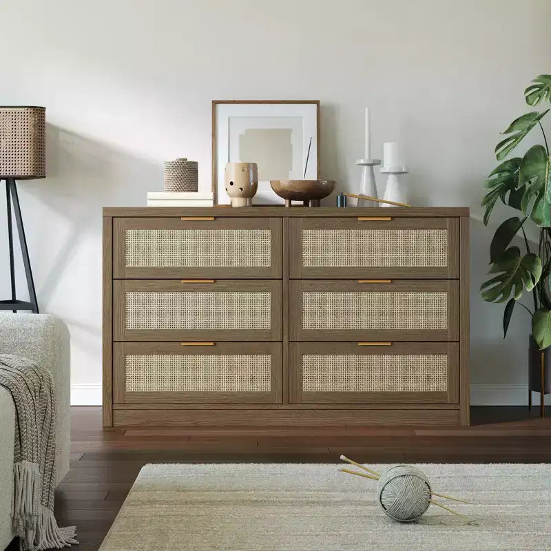 Cassettiera in legno con maniglie dorate, organizer moderno con cassetti a scorrimento fluido, mobile porta TV in stile rustico per soggiorno, camera da letto, ingresso,