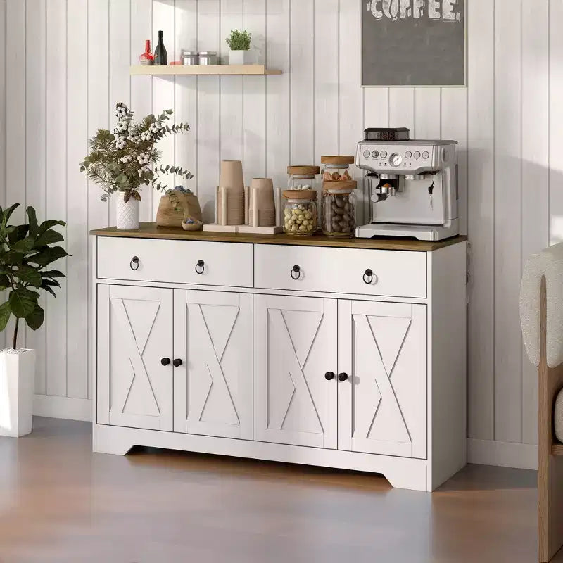 Credenza da Cucina, Mobile Buffet Stile Farmhouse con Ante a Scorrimento, Cassetti, Ripiani Regolabili