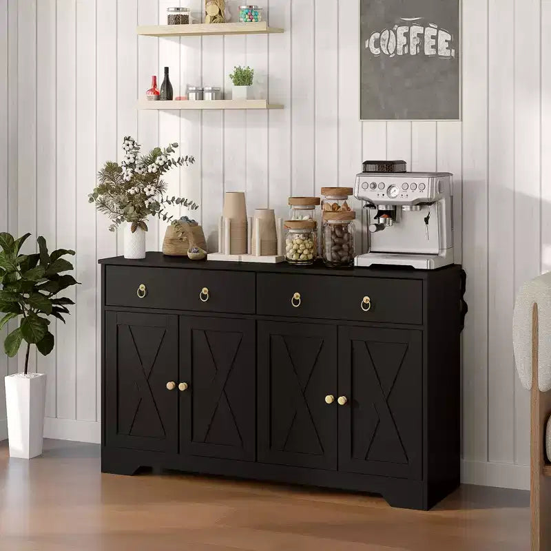 Credenza da Cucina, Mobile Buffet Stile Farmhouse con Ante a Scorrimento, Cassetti, Ripiani Regolabili