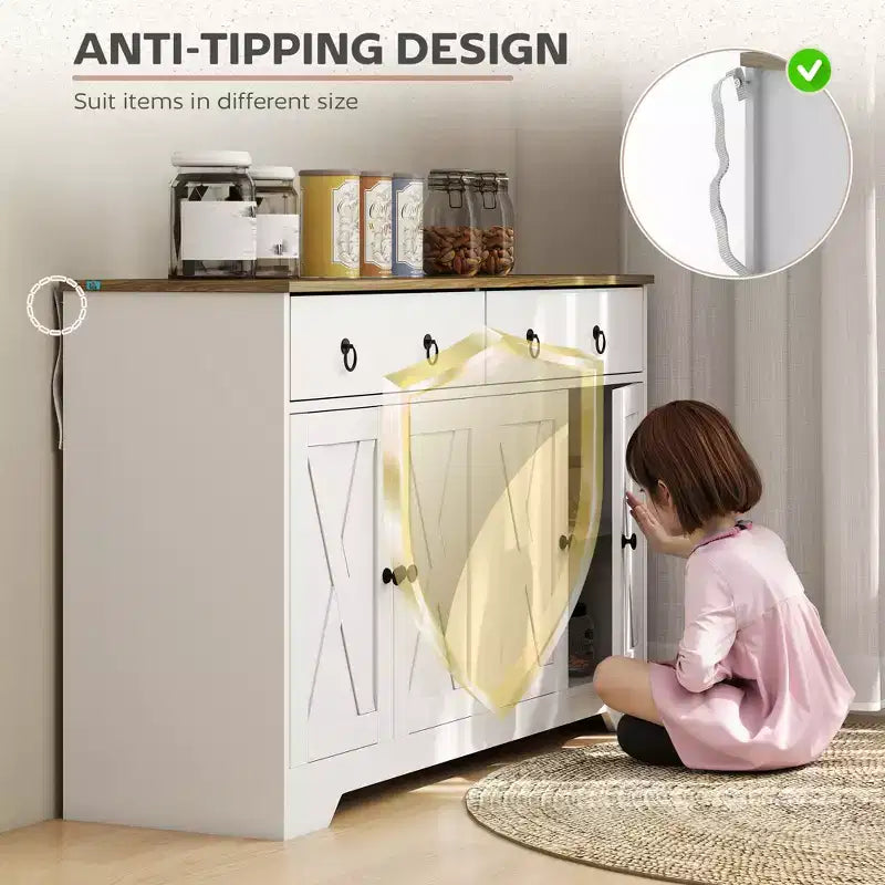 Credenza da Cucina, Mobile Buffet Stile Farmhouse con Ante a Scorrimento, Cassetti, Ripiani Regolabili