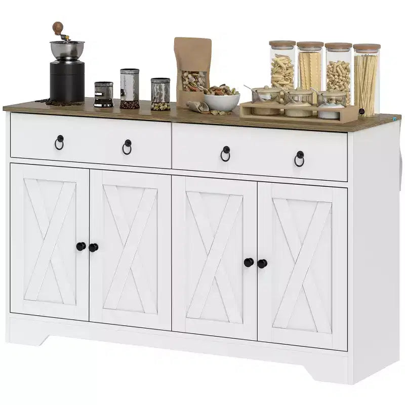 Credenza da Cucina, Mobile Buffet Stile Farmhouse con Ante a Scorrimento, Cassetti, Ripiani Regolabili