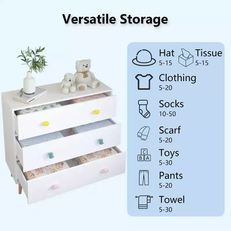 Comò contenitore Whisen a 3 cassetti con guide Euro e maniglie a tema cartone animato, design anti-ribaltamento, utilizzabile come comò, comodino