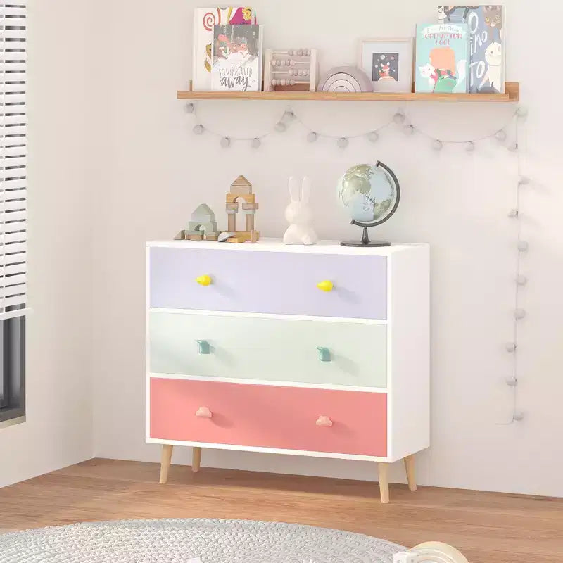 Comò contenitore Whisen a 3 cassetti con guide Euro e maniglie a tema cartone animato, design anti-ribaltamento, utilizzabile come comò, comodino