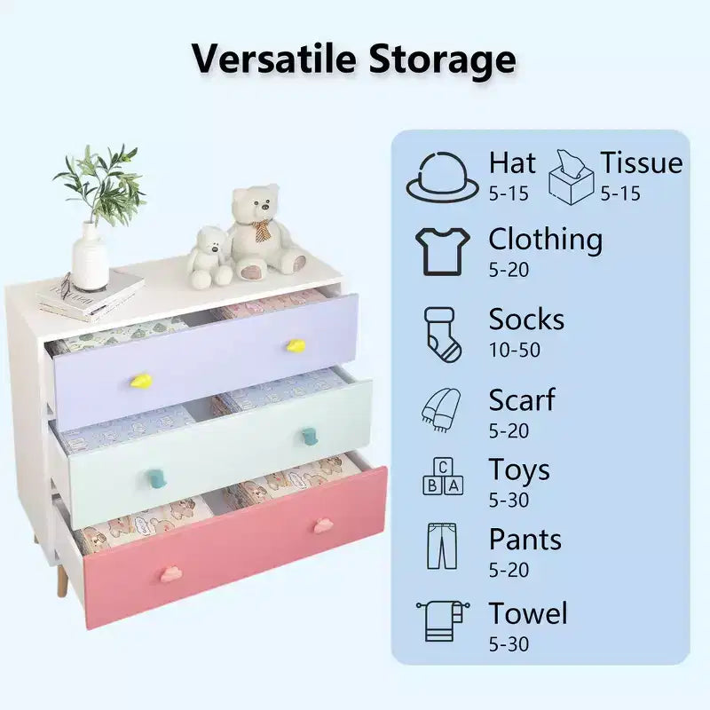 Comò contenitore Whisen a 3 cassetti con guide Euro e maniglie a tema cartone animato, design anti-ribaltamento, utilizzabile come comò, comodino