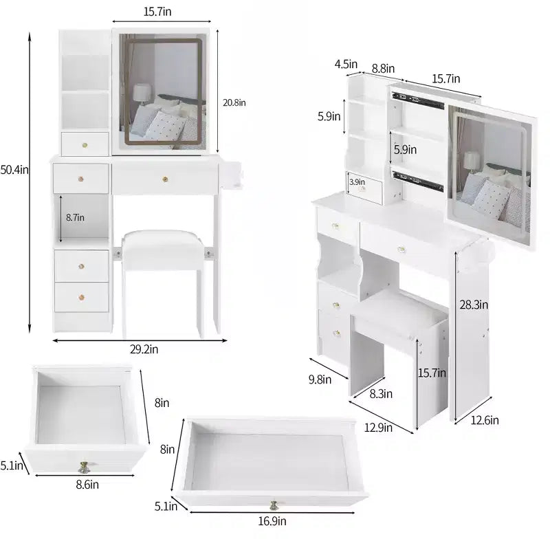 Tavolo da Trucco da 74 cm con Cassetto Sinistro Piccolo + Sgabello Imbottito, Stazione Elettrica 2 AC+2 USB, Supporto per Asciugacapelli, Luce Tricolore