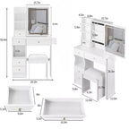 Tavolo da Trucco da 74 cm con Cassetto Sinistro Piccolo + Sgabello Imbottito, Stazione Elettrica 2 AC+2 USB, Supporto per Asciugacapelli, Luce Tricolore