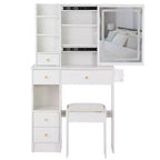 Tavolo da Trucco da 74 cm con Cassetto Sinistro Piccolo + Sgabello Imbottito, Stazione Elettrica 2 AC+2 USB, Supporto per Asciugacapelli, Luce Tricolore