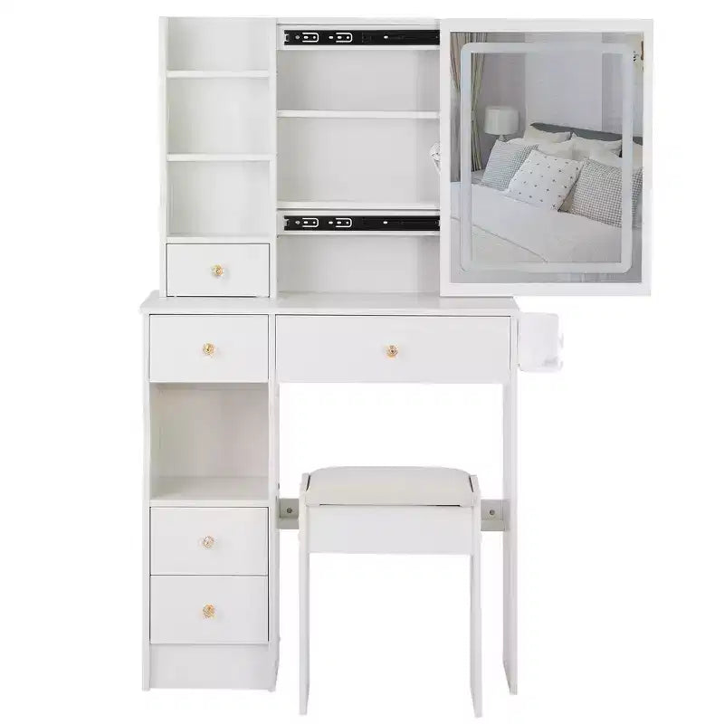 Tavolo da Trucco da 74 cm con Cassetto Sinistro Piccolo + Sgabello Imbottito, Stazione Elettrica 2 AC+2 USB, Supporto per Asciugacapelli, Luce Tricolore