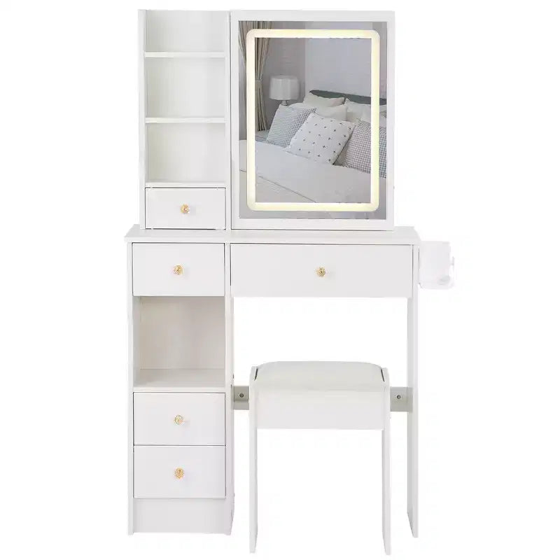 Tavolo da Trucco da 74 cm con Cassetto Sinistro Piccolo + Sgabello Imbottito, Stazione Elettrica 2 AC+2 USB, Supporto per Asciugacapelli, Luce Tricolore