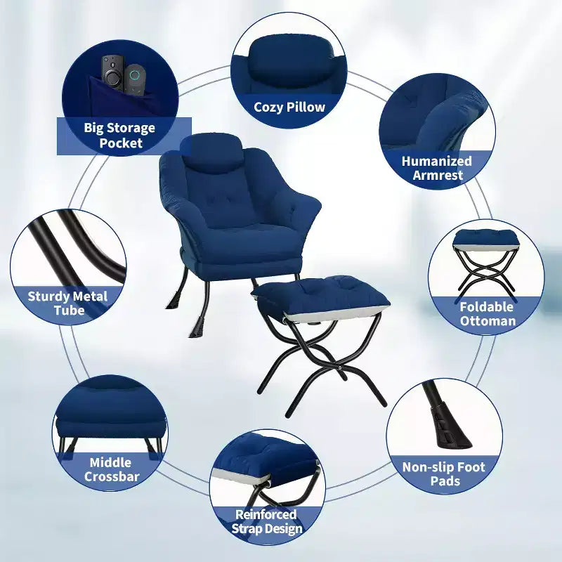 Poltrona Lazy con pouf, poltrona moderna da lettura, fodera rimovibile e lavabile, supporto ergonomico, per camera da letto, soggiorno