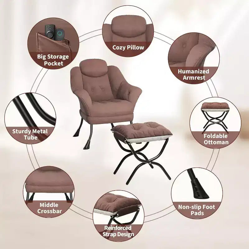 Poltrona Lazy con pouf, poltrona moderna da lettura, fodera rimovibile e lavabile, supporto ergonomico, per camera da letto, soggiorno