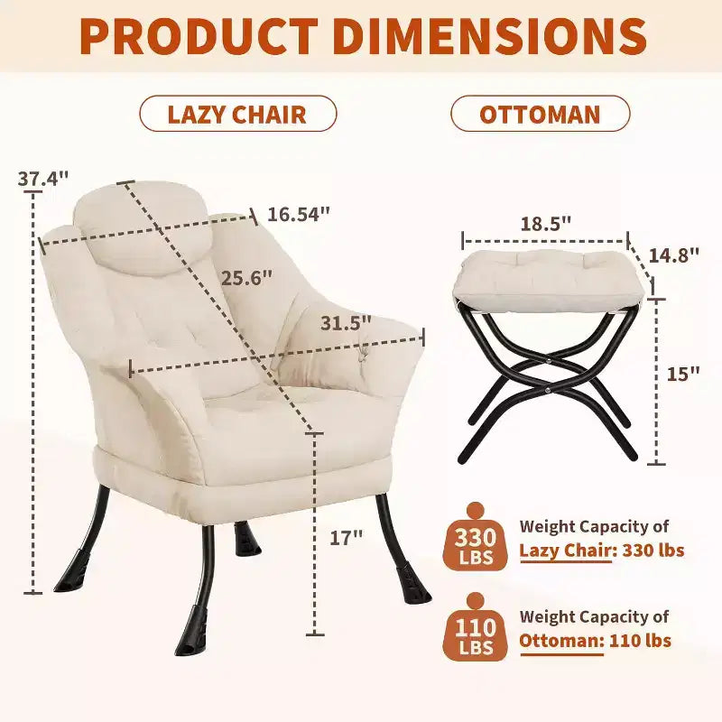 Poltrona Lazy con pouf, poltrona moderna da lettura, fodera rimovibile e lavabile, supporto ergonomico, per camera da letto, soggiorno