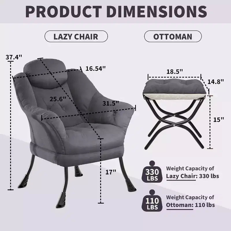 Poltrona Lazy con pouf, poltrona moderna da lettura, fodera rimovibile e lavabile, supporto ergonomico, per camera da letto, soggiorno